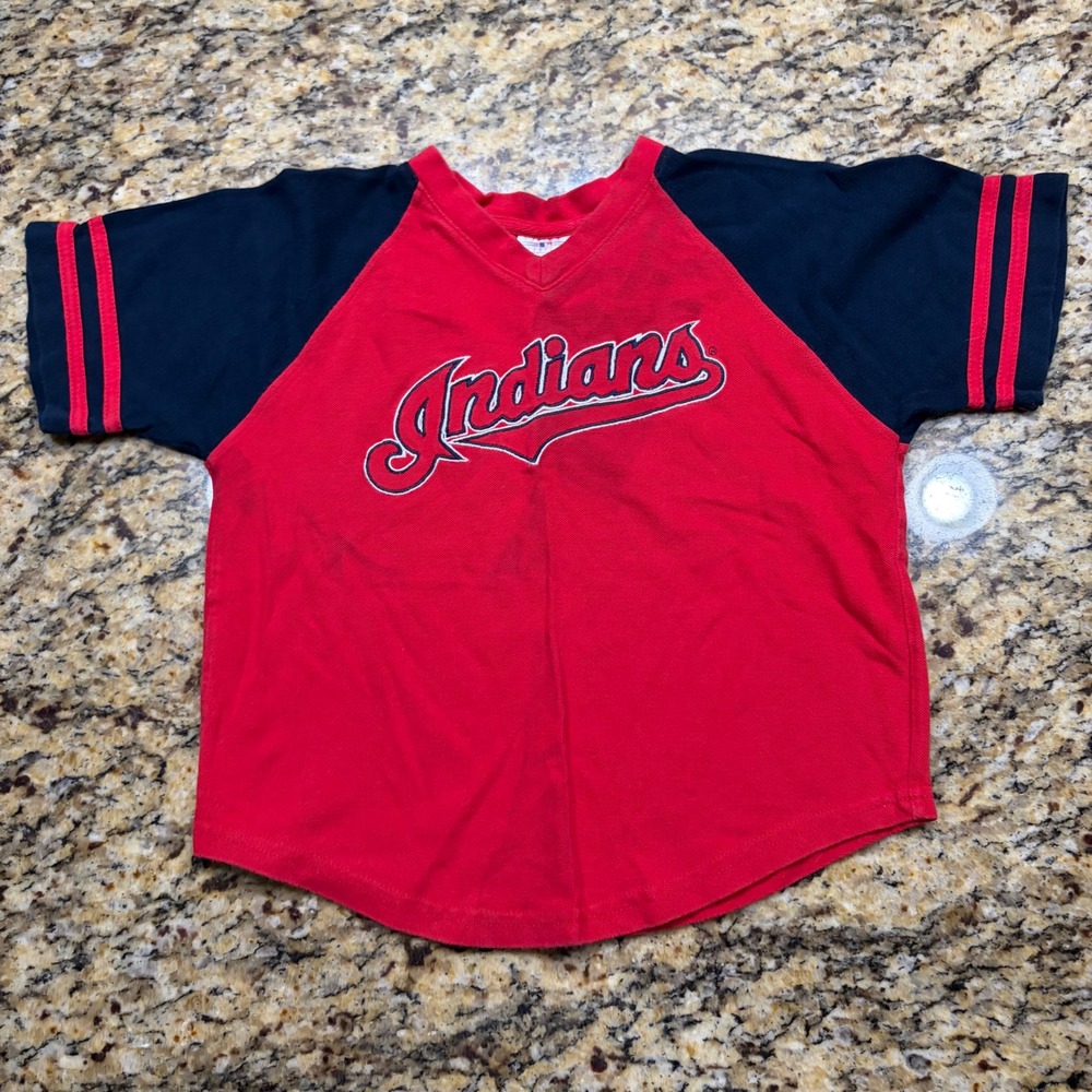 Vintage Cleveland Indians MLB Kid Sports Raglan Jersey Shirt Red Navy Size 7 ws